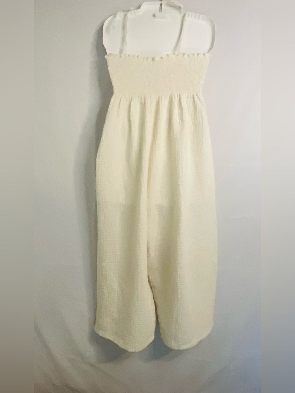 Mable Boho Cream Cotton Gauze Smocked Wide Leg Jumpsuit Tie Shoulder Small Ivory - Picture 7 of 8